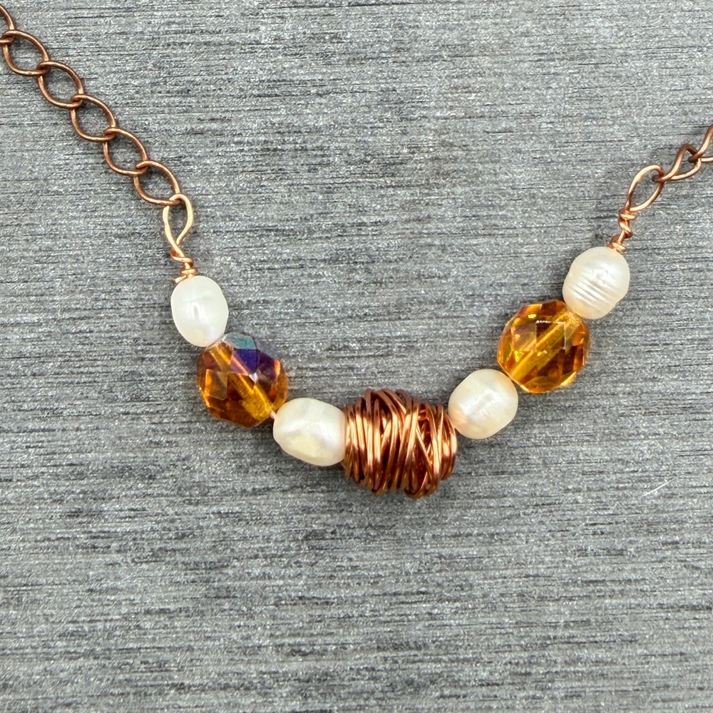 Copper Tone Freshwater Pearl Amber Tone Glass Bead Wire Wrapped Boho Necklace